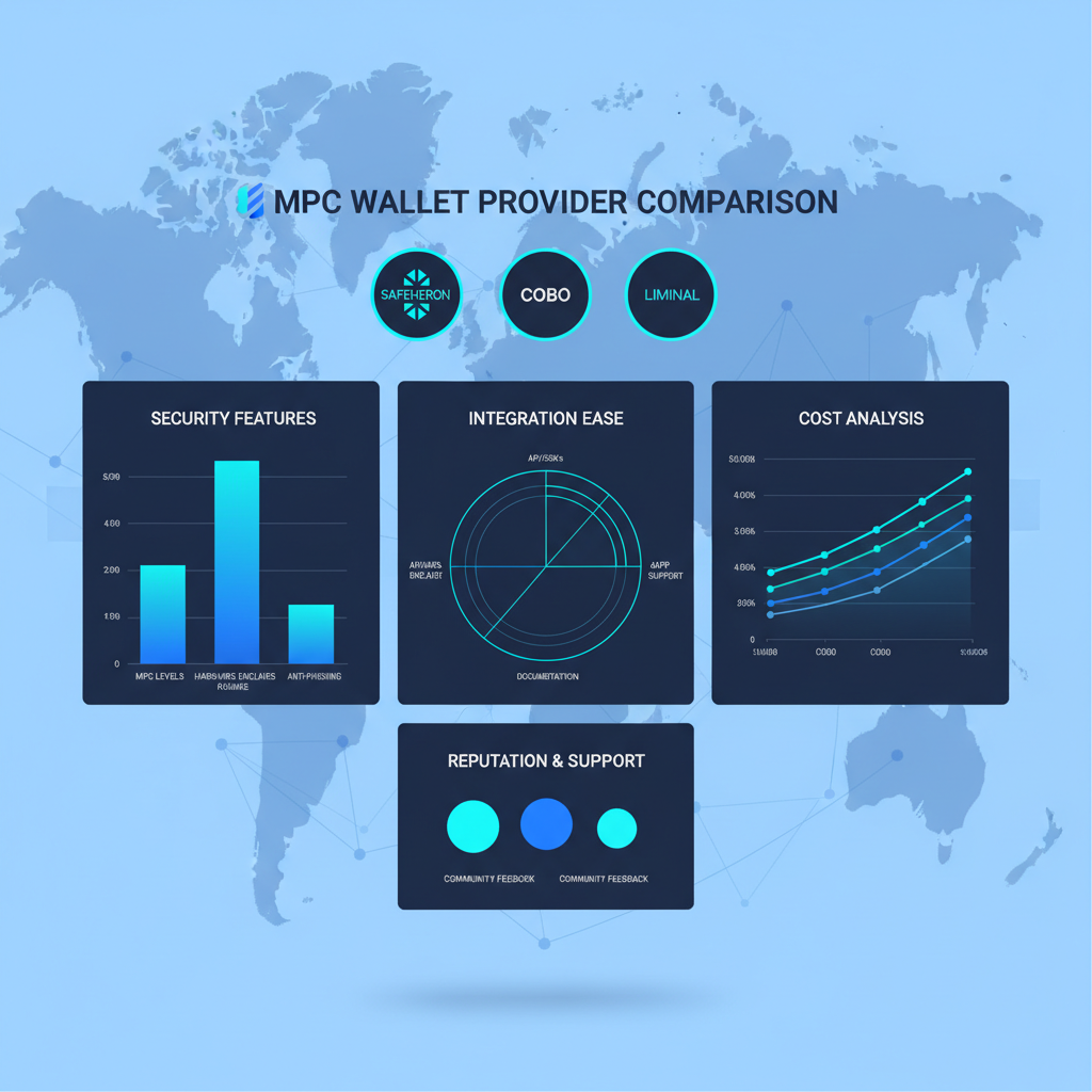professional dashboard comparing MPC wallet providers Safeheron Cobo Liminal, charts security features integration, futuristic crypto interface blue tones