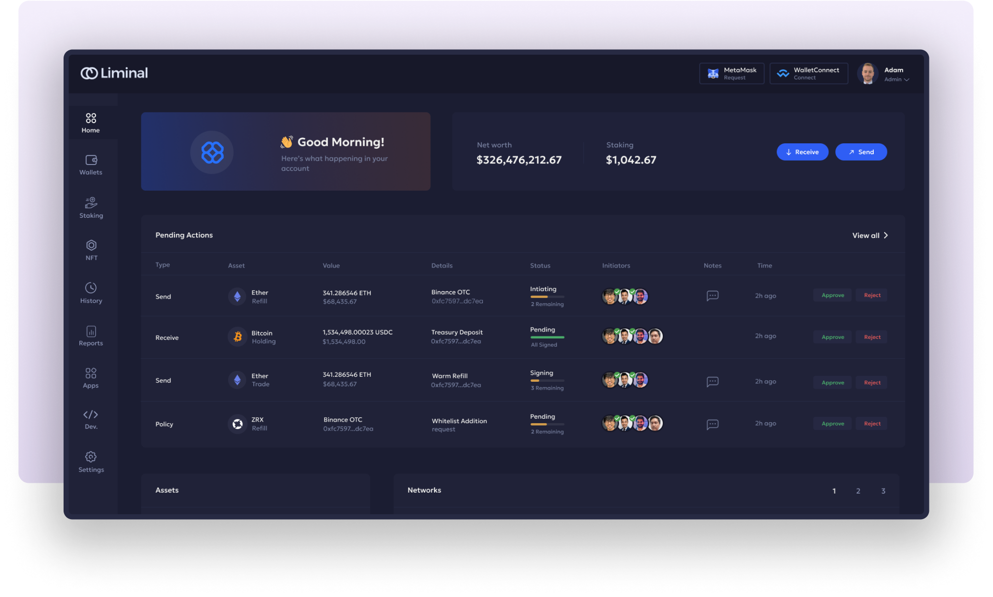 Secure MPC AA wallet interface dashboard for enterprise teams managing digital assets in crypto custody with compliance features