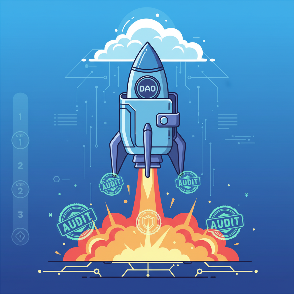rocket launching secure DAO wallet with audit stamps, explosive energy, futuristic
