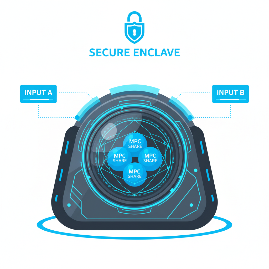 futuristic secure enclave vault isolating MPC key shares, glowing blue tech diagram, high security